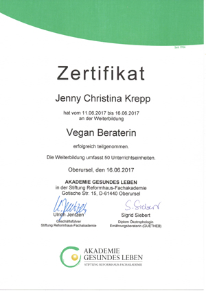 Zertifikat Vegan Beraterin Jenny Team Healthy